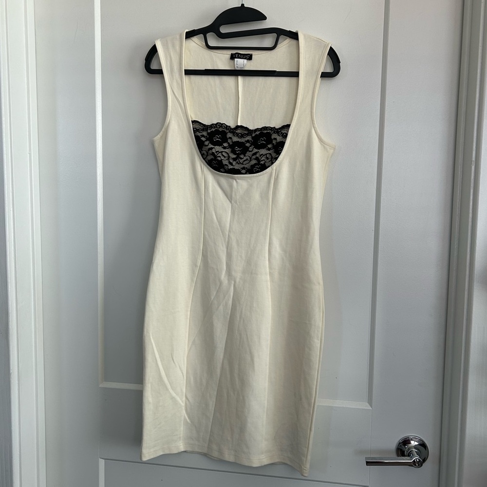 Cream Sleeveless Dress with Black Lace Detail